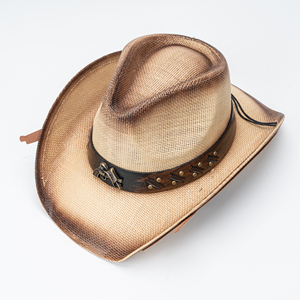 Sombrero de vaquero de paja de ala ancha con efecto desgastado y ombré, con remaches y banda de cuero cosida, ideal para viajes, pesca y actividades al aire libre. - Product Image 6