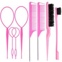 Ensemble de brosses à cheveux Topsy, outils pour les queues de cheval, brosse à picots pour démêler, brosse de contrôle des bords, peignes à queue de rat en métal, coiffure rose/noir
