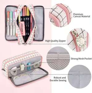 Estuche de lona para lápices de gran capacidad, 3 compartimentos, portátil, para estudiantes - Product Image 4