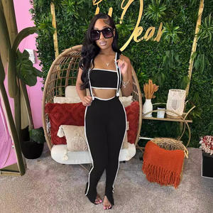 Benutzer definiertes Logo Sommer Damen Patchwork Casual Set Frauen Träger lose Tube Crop Top Frauen 2 Stück Hosen Outfits - Product Image 2