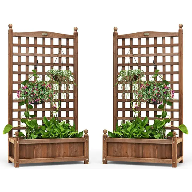 Set of 2 Wood Planter Free Standing Plant Raised Bed with Trellis for Garden or Yard