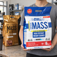 Sachet à fond plat robuste personnalisé imprimé de 6 kg, à huit soudures latérales, refermable avec fermeture éclair et poignée, pour poudre protéinée et gaineur de masse