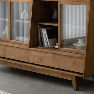 Handmade Retro Custom <b>Solid</b> <b>Wood</b> Double Door <b>Bookcase</b> Display Cabinet 4 Storage Drawers Minimalist Living Room Hotel Furniture - Product Image 6