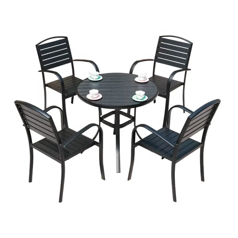 Outdoor dining cafe garden furniture set black rattan restaurant waterproof plastic wood table