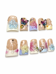 Ongles en gel artisanaux de luxe, style Y2K, rose <span class=keywords><strong>pastel</strong></span> estival, avec fleurs 3D, papillons transparents, strass AB <span class=keywords><strong>et</strong></span> perles, effet éclatant - Product Image 2