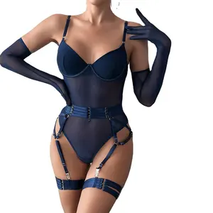 Body de malha transparente sexy roupa íntima feminina lingerie de pelúcia sexy lingerie de uma peça boudoir sexy com luvas