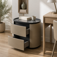 Table de chevet beige en cuir pleine fleur, 2 tiroirs, fermeture douce, sans poignée, plateau en pierre frittée, pour chambre à coucher