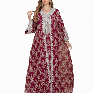 Elegante Túnica Islámica Larga Bordada para Mujer, Cuello en V, Estampado Floral, Abaya Árabe Modesta, Manga Larga para Verano y Otoño - Product Image 1