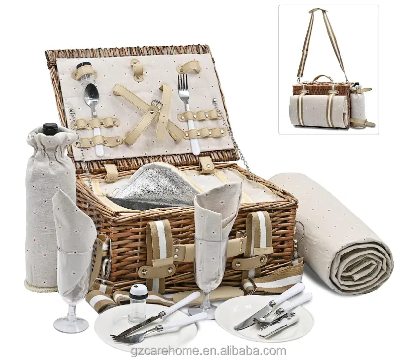 Rotan Picknickmand Set Met Geïsoleerde Voering En Waterdichte Picknickdeken Wijnzak Grote Rieten Picknickmand Voor Kamperen