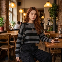 Pull décontracté rayé pour femme, collection automne-hiver 2026, tricot vintage, chaud, à manches longues, col rond, anti-plis