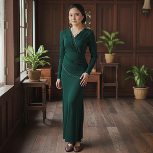 ผู้ขายชุดกูรุงสมัยใหม่ปักลาย, ชุดเคบายะผ้าลูกไม้แบบพัน, ผ้าเครปซีลอนไม่ต้องรีดลายดอกไม้, ชุดวันรอมฎอน 2025 จากโรงงาน - Product Image 1