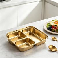 Bandeja Rectangular Dorada de Acero Inoxidable 304 para Aperitivos - Duradera, Pulida, Estilo Coreano, con 2-3 Compartimentos, Portátil, Ecológica, de Grado Alimenticio