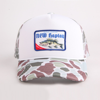 Gorro de camionero de malla con visera precurvada de 5 paneles personalizado, parches bordados con logotipo, gorras de camionero de espuma de camuflaje