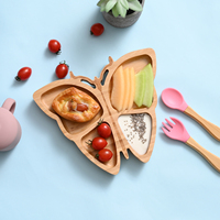 Assiette Diviseuse en Bois Naturel de Bambou pour Tout-Petits, Motif Papillon, Sans BPA, Réutilisable, Assiette à Ventouse Sûre pour l'Alimentation des Bébés