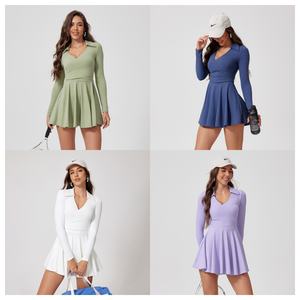 Abito da Tennis a compressione da palestra a manica lunga elasticizzata per donna con scollo a V Polo plissettato con bordo Yoga abiti da ginnastica - Product Image 2