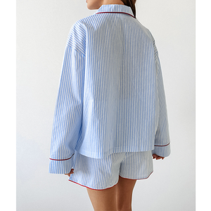 Conjunto de Pijama de Algodón <span class=keywords><strong>para</strong></span> Mujer, Estampado a Rayas, 100% Algodón, Ropa de <span class=keywords><strong>Dormir</strong></span> Informal de Verano, Tallas Grandes - Product Image 2