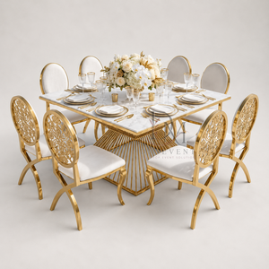 Ensemble de table à manger haut de gamme en acier inoxydable avec plateau en verre carré et chaises à dossier rond pour événements de mariage - Product Image 3