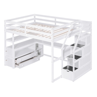 Lit mezzanine moderne blanc pleine taille avec bureau, rangement, escalier, cadre en pin massif, 2 tiroirs et barrières de sécurité pour enfants et adultes