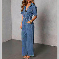 Combinaison en jean utilitaire courte pour femme Channel, été 2026, manches courtes, boutonnée, jambes larges, longueur entière