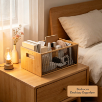 Organisateur de fichiers en bambou, bac de rangement de bureau pour papier A4, support de documents en grille métallique pour bureau, maison, cuisine, rangement multifonctionnel