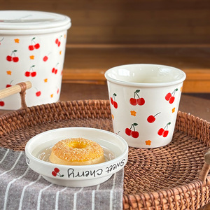 แก้วกาแฟเซรามิคลายเชอร์รี่น่ารักพร้อมฝาปิด แก้วน้ำลายเชอร์รี่หวานๆ สำหรับใช้ที่บ้าน ที่ทำงาน สาวๆ ชอบ แก้วนมเรียบง่ายสำหรับมื้อเช้า - Product Image 2