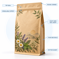 Sachet personnalisé en papier kraft sans fenêtre pour tisanes, scellé sur huit côtés avec fermeture éclair, pour la vente au détail et en gros