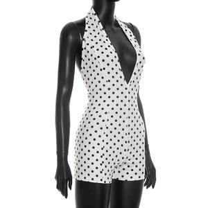 Viviblook Q26RP090 Combinaison une pièce sexy pour femme, imprimé pois, sans manches, dos nu, col en V profond, coupe ajustée - Product Image 3