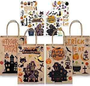 Bolsa de Regalo de Papel Kraft Reciclable OEM para Halloween con Asa Larga, Diseño de Calabaza y Castillo, Adhesivo de Halloween, para Velas y Dulces - Product Image 2