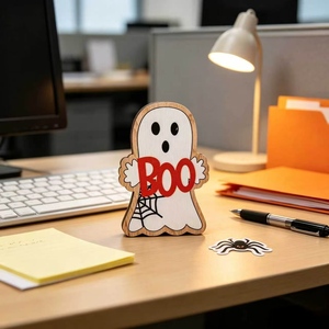 Decorazione di Halloween in Legno a Forma di Fantasma, Insegna BOO, Ornamento Sospeso a Cartone Animato, Decorazione da Tavolo e Mensola per Feste e Casa, Spaventosa - Product Image 6
