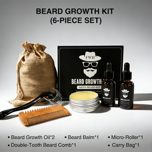 Kit d'épaississement de la <span class=keywords><strong>barbe</strong></span> pour hommes - 6-en-1 avec deux huiles, baume coiffant, rouleau dermique, peigne et sac, emballage OEM, kit de croissance de la <span class=keywords><strong>barbe</strong></span> - Product Image 1