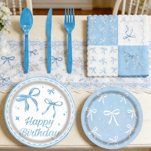 640419 Kit per Festa <span class=keywords><strong>di</strong></span> <span class=keywords><strong>Compleanno</strong></span> Azzurro: Elegante Set <span class=keywords><strong>di</strong></span> Stoviglie a Tema Fiocco per Baby Shower o Compleanni - Product Image 4