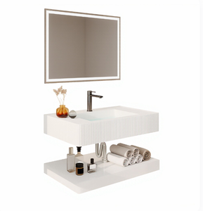 Mobile Bagno Moderno Minimalista con Lavabo in Pietra Artificiale, Montaggio a <span class=keywords><strong>Parete</strong></span>, Doppio Strato Integrato Senza Giunture, Effetto Pelle - Product Image 5
