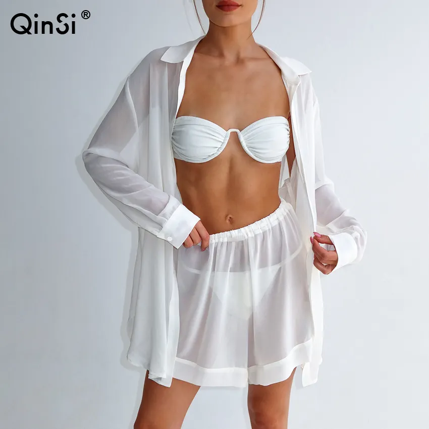 QINSI Female Home Anzüge mit Shorts Spring Casual Night wear Lose Langarm Nachtwäsche Vhiffon Pyjamas für Frauen 2-teilige Sets