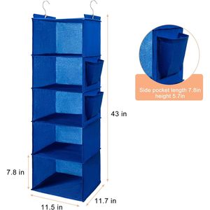 Hanging Closet Organizer 5 Tier With 2 Side Pockets Foldable Storage For Clothes And Towels Behind Door Use Blue - Product Image 3