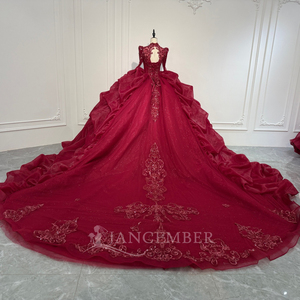 Xs261 Vestido de Noche Moderno Rojo de Manga Larga hasta el Suelo para Mujer, con Lentejuelas y Cuentas, Escote Corazón, Sin Espalda y Cola Capilla - Product Image 4