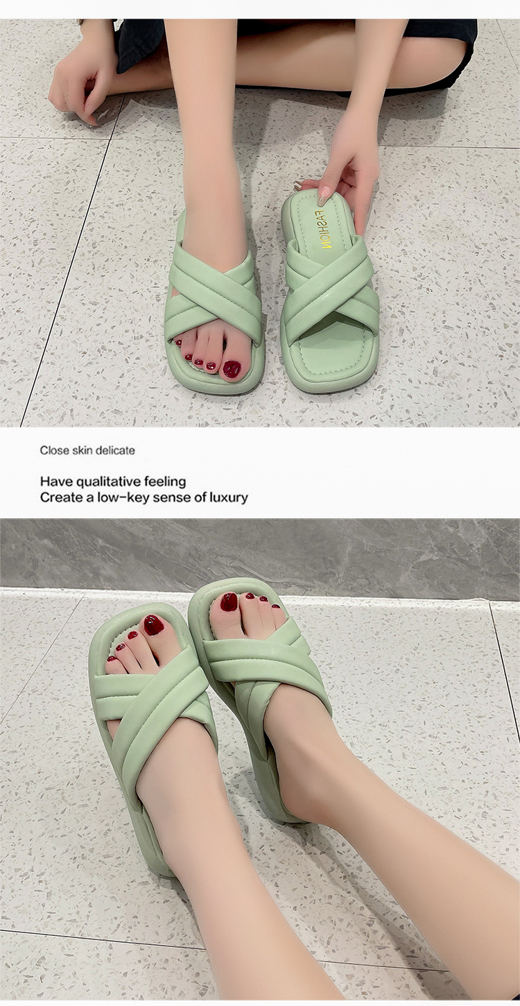 New Platform Slippers Cross Strap Comfortable Home Shoes Outside Square Head Beach Sandals
