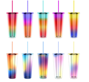 Vaso <span class=keywords><strong>de</strong></span> Plástico Acrílico <span class=keywords><strong>de</strong></span> Doble Pared, Cónico, con Purpurina, con Orificio y Tapón, con Pajita, para Uso en Campamentos - Product Image 4