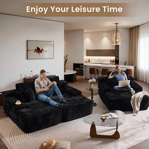 Set <span class=keywords><strong>Divano</strong></span> Moderno in Velluto a Coste <span class=keywords><strong>Nero</strong></span>, <span class=keywords><strong>Divano</strong></span> a 3 Posti con Poltrona, Arredamento Modulare per Soggiorno, Appartamento, Casa, Villa - Product Image 5