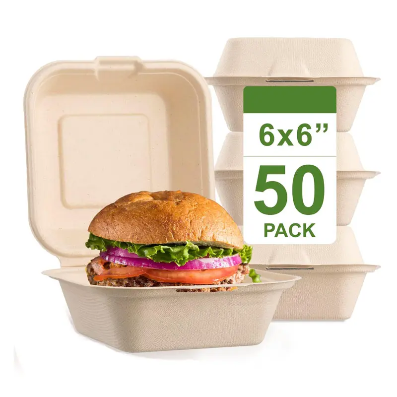 Eco friendly bagasse sugarcane plant takeout to go box hinged container sugarfiber pack 6" compostable clamshell food containers