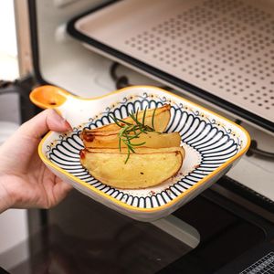 Ceramic Single Handle Dish Nordic <b>square</b> Dish Baking Pan Cheese Plate Dinner Plate Creative Retro Baking Pan with Handle Plate - Product Image 4