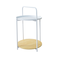 Table d'appoint moderne à 2 niveaux, structure en acier thermolaqué durable, plateau métallique à bords surélevés, étagère inférieure en bois clair, poignée incurvée intégrée