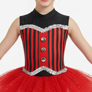 Girls Red Black Striped Polyester Ballet <b>Tutu</b> Dress High Neck Sleeveless Stage Dance Wear for Children Jazz Outfit - Product Image 3