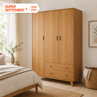 Armoire scandinave en chêne massif 3 portes avec 2 tiroirs, poignée en bois naturel, autoportante, rangement de chambre personnalisé