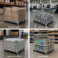 Cage à palettes mobile en treillis métallique avec 4 roues pivotantes, frein de pied, porte basculante et loquet de boucle pour le transport de pièces en usine et entrepôt