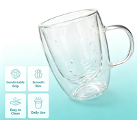 Mug en verre borosilicate double paroi fait main, anti-fuite, compatible lave-vaisselle, 350 ml, corps transparent uni et lisse, poignée transparente