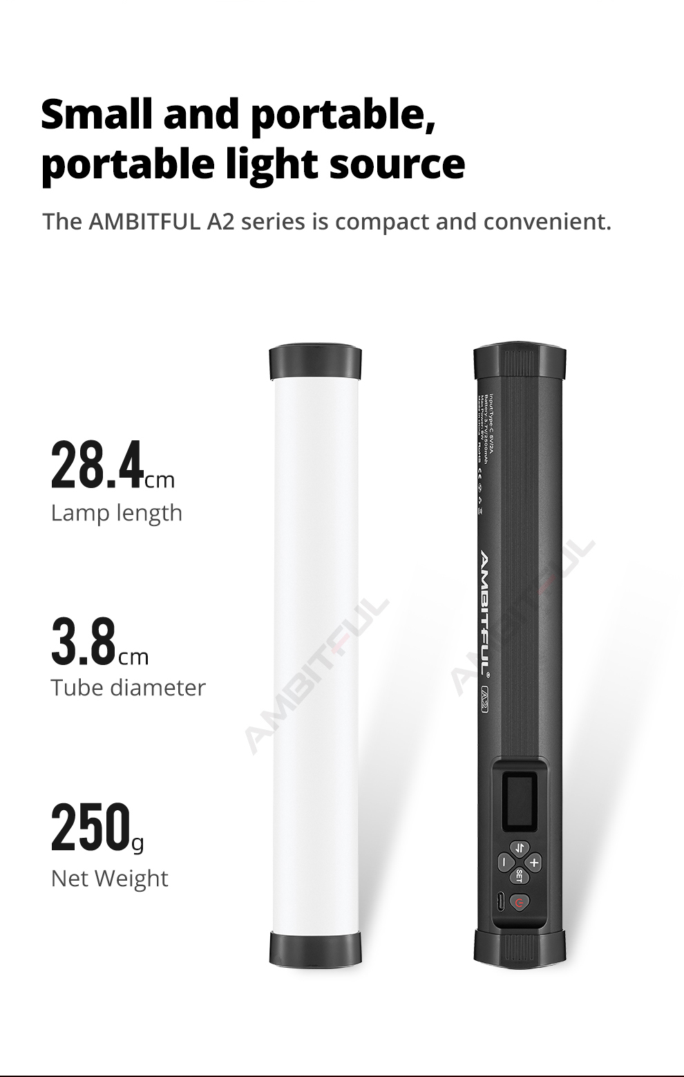 AMBITFUL A2 RGB 2500-8500K RGB LED Video Stick Tube Light, CRI 95+ TLCI 97 +,Built-in APP Lithium Battery Magnetic Function