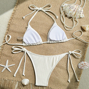 Conjunto de bikini con cordones y tiras cruzadas para mujer, traje de baño de dos piezas con cuello halter en color albaricoque para playa y aguas termales - Product Image 2