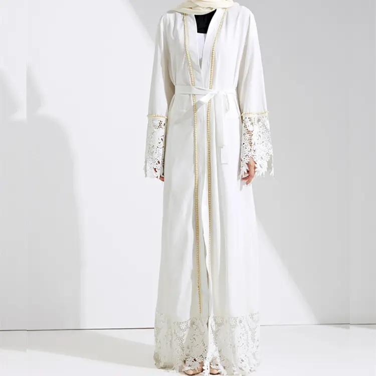 Loriya Mode Dubia Open Voorzijde Kimono Abaya Jilbab Wit Moslim Islamitische Kleding Maxi Jurk Met Parels