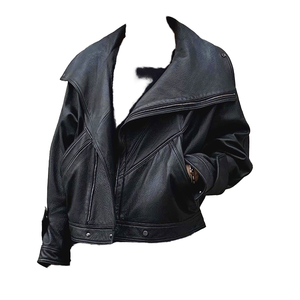 Chaqueta de cuero genuino para mujer, estilo motociclista, vintage, negra, de buena calidad, con solapa regular, mangas cortas, cortavientos, con cierre de cremallera, teñida. - Product Image 1