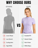 Haut de yoga pour femme grande taille avec logo personnalisé, lavande, manches courtes, fermeture éclair, col montant, extensible dans quatre directions, coupe ajustée, respirant, vêtements de sport